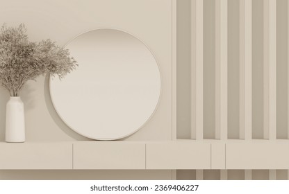 3D render close up blank empty space on modern beige dressing table with round mirror, decor dried pampas grass, aroma fragrance sticks in luxury container. Beauty products display.
