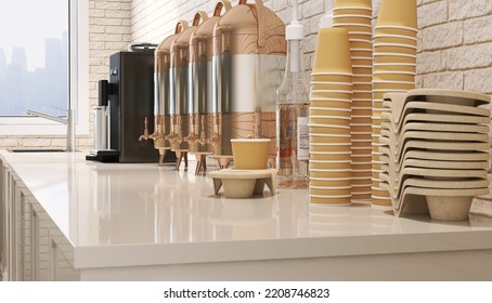 3D Render Close Up Catering Beverage Station Counter Top With Espresso Coffee Making Machine And Stainless Steel Hot Drink Dispensers, Syrup, Eco Friendly Paper Cup And Biodegradable Snack Holder Tray