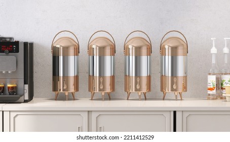 3D Render Close Up Catering Beverages Counter With Espresso Making Machine, Stainless Steel Hot Drinks Dispenser Containers And Syrup Pump Bottles. Space, Products Display, Service, Coffee Break.