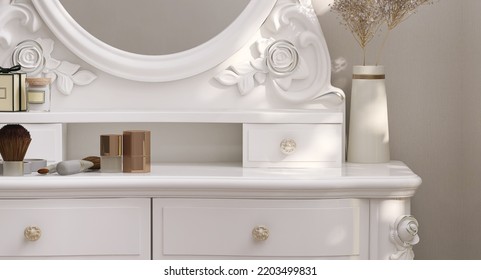 3D Render Close Up Empty Blank Space On Beautiful White Victorian Dressing Table With Some Elegance Glamour Make Up, Morning Sunlight, Cosmetic Products Display Backdrop, Kbeauty, Golden, Skincare.