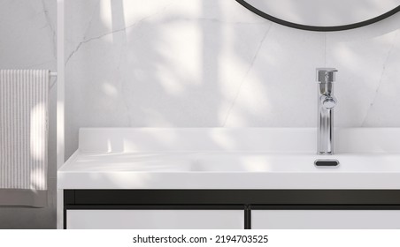 3D Render Close Up Empty Space On White Vanity Counter Top With Washbasin And Faucet, Marble Wall Tiles, Mirror, Towel Hanging Rack. Morning Sunlight, Black And White, Bathroom, Toiletries, Background