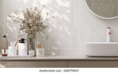 La representación 3D cierra el espacio vacío en el lujoso tocador del tocador de la unidad de tocador con un lavabo moderno de cerámica blanca, espejo, productos de belleza, decoración floral, luz solar matutina, pared de granito beige.