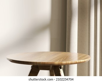 3D Render Close Up Of An Empty Teak Wood Round Table Inside The Room With Linen Curtain In Background, Beautiful Morning Sunlight Showing Window Frame Shadow. Space, Blank, Mockup, Products Display.