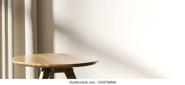 3D Render Close Up Of An Empty Teak Wood Round Table Inside The Room With Linen Curtain In Background, Beautiful Morning Sunlight Showing Window Frame Shadow. Space, Blank, Mockup, Products Display.