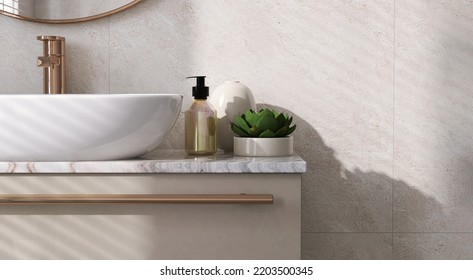 3D Render Close Up Luxury Bathroom Vanity Unit With Marble Counter Top White Ceramic Wash Basin Sink Shiny Gold Stainless Steel Water Tap, Round Mirror, Morning Sunlight, Granite Wall Tile, Copy Space