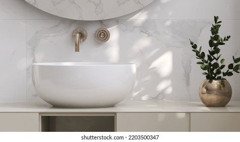 3D Render Close Up Luxury Bathroom Vanity Unit With Beautiful White Ceramic Wash Basin Bowl On Marble Counter Top, Decor Plants, Morning Sunlight, Foliages,  Space For Products Display, Backdrop, Sink