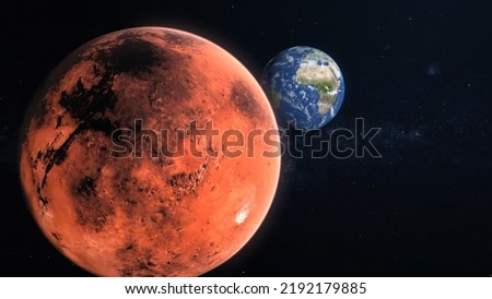 3D Render Close Up Mars Red Planet And Show Up Earth World Planet On Galaxy Space 3D Illustration. planet, galaxy, stars, cosmos, sea, earth, globe. 