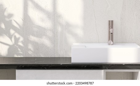 3D Render Close Up Modern Bathroom Vanity Unit With Marble Counter Top White Ceramic Wash Basin, Stainless Steel Water Tap, Morning Sunlight, Granite Wall Tiles, Space For Products Display Backdrop.