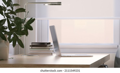 3D Render Close Up Of A Modern Working Space Fine Teak Wood Table With Computer Laptop, Books, Table Lamp And Decor Leaves Plants By The Window With Sun Shade Roller Blind. Space For Products Overlay.