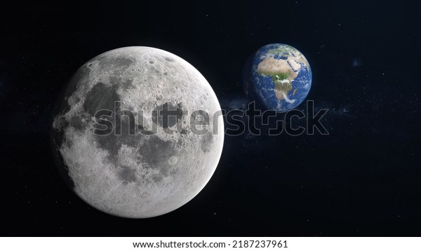3D Render Close Up Moon And\
Show Up Earth World Planet Rotation On Galaxy Space 3D\
Illustration. Space. planet, galaxy, stars, cosmos, sea, earth,\
sunset, globe.