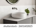 3D render close up perspective blank empty space on ceramic vanity unit counter top in the bathroom with white ceramic porcelain sink with faucet, morning sunlight, wall, Elegance