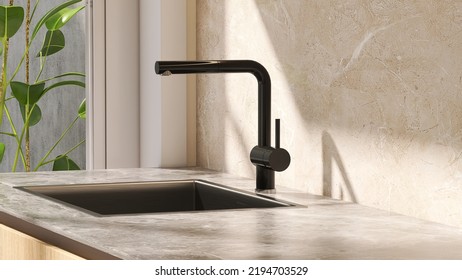 3D Render Close Up Perspective Blank Empty Space On Granite Kitchen Counter Top With Modern Black Washing Sink And Faucet By The Window With Morning Sunlight, Beige Marble Wall Tile, Green Houseplants