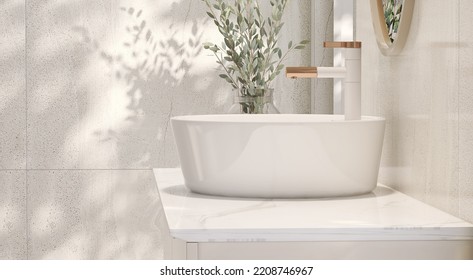 3D render close up perspective blank empty space on marble vanity unit counter top in the bathroom with white ceramic porcelain vessel sink with faucet, morning sunlight, Granite wall, Elegance, Beige