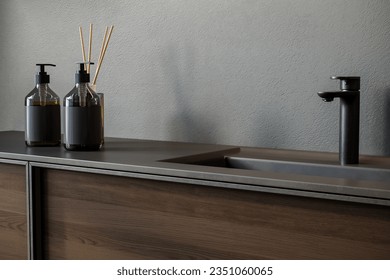 3D render close up perspective blank empty space on black ceramic vanity unit counter top in the bathroom with faucet, morning sunlight, wall, Elegance	