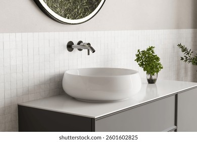 3D render close up perspective blank empty space on ceramic vanity unit counter top in the bathroom with white ceramic porcelain sink with faucet, morning sunlight, wall, Elegance