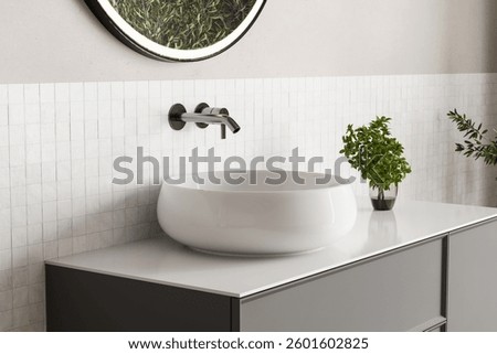 3D render close up perspective blank empty space on ceramic vanity unit counter top in the bathroom with white ceramic porcelain sink with faucet, morning sunlight, wall, Elegance