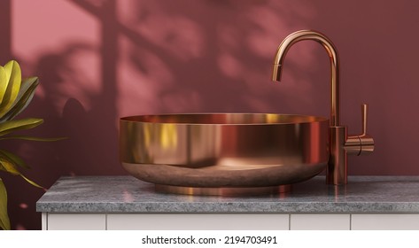 3D Render Close Up Shiny Copper Stainless Steel Wash Basin With Faucet On Vanity Marble Top Bathroom Counter, Morning Sunlight And Beautiful Foliages Leaves Shadow On Red Purple Wall In Background.