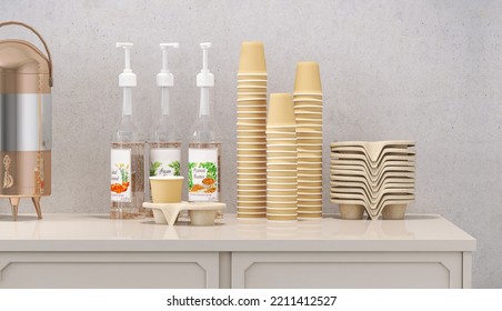 3D Render Close Up Stacks Of Disposable Paper Cups And Snack Bowls With Stainless Steel Hot Water Container With Variety Of Syrup Pump Bottles On Pantry Counter. Space, Products Display Backdrop.