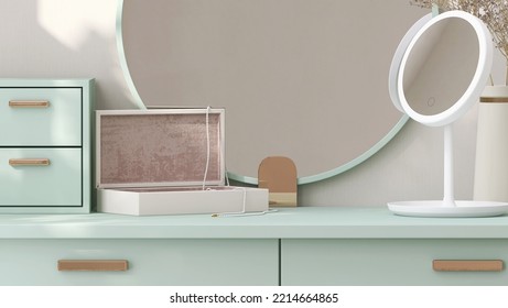 3D Render Close Up Stylish Mint Green Dressing Table With Drawers, LED Stand Up Vanity Mirror, Jewelry Box And Space For Beauty, Skincare Or Makeup Products Display Templates, Morning Sunlight, Modern