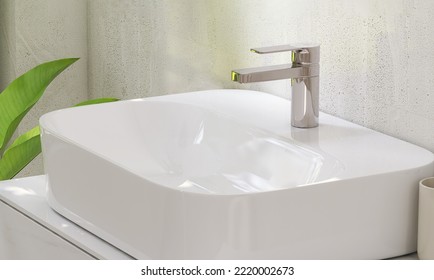 3D render close up top view clean white porcelain ceramic wash basin with modern stainless steel faucet, Morning sunlight, Decor plants, Background, Backdrop, Bathroom, Products, Templates, Empty.