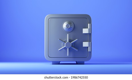 3d render, closed metallic safe box isolated on blue background. Frontal view. Banking safety clip art.