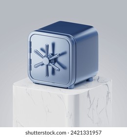 3d render, closed metallic safe box on podium isolated on white background. Online shopping, money transactions online, Payment by bank card via portable banking terminal.