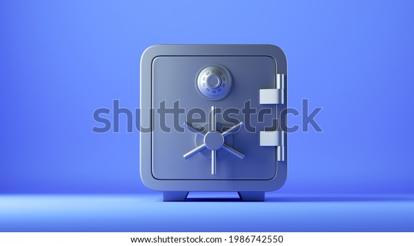 3d render, closed\
metallic safe box isolated on blue background. Frontal view.\
Banking safety clip\
art.