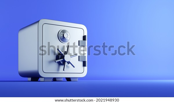 3d render, closed metallic safe box\
isolated on blue background. Banking safety\
symbol