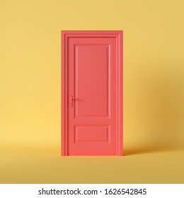 3d render, closed red classic door isolated on bright yellow background. Minimal room interior concept. Modern design, abstract metaphor