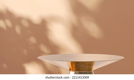 3D Render Closeup Blank Stylish Round Golden Brass Table With Beautiful Sunlight, Foliages Leaves Shadow On Empty Orange Brown Wall In Background For Beauty Products Display. Premium, Dappled Light.