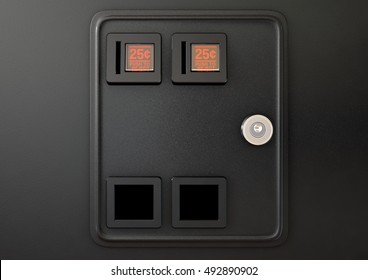 A 3D Render Of A Closeup Of A Coin Slot Panel From A Vintage Arcade Game Machine With Entry And Exit Slots And Perspex Button On An Isolated Background