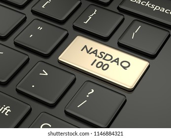 3d render closeup of computer keyboard with NASDAQ 100 index button. Stock market indexes concept. 