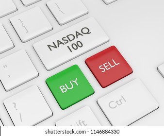 3d render closeup of computer keyboard with NASDAQ 100 index button. Stock market indexes concept. 