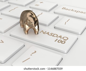 3d render closeup of computer keyboard with NASDAQ 100 index button and bear. Stock market indexes concept. 