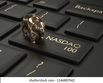 3d render closeup of computer keyboard with NASDAQ 100 index button and bear. Stock market indexes concept. 