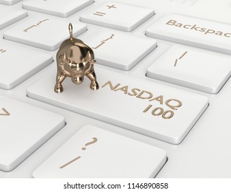 3d render closeup of computer keyboard with NASDAQ 100 index button and bull. Stock market indexes concept. 