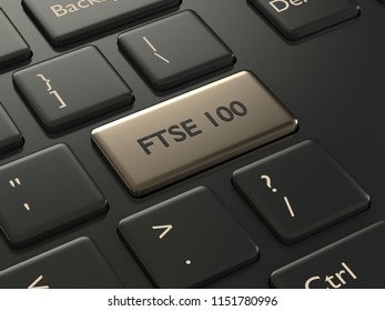 3d render closeup of computer keyboard with FTSE 100 index button. Stock market indexes concept. 