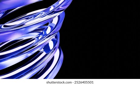 3D Render Close-up of reflective blue and purple rings with neon highlights against a black background, showcasing a modern and futuristic abstract design.