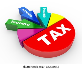 3d Render Of Closeup Of Tax And Income Pie Chart Arrow. Concept Of Heavy Taxation