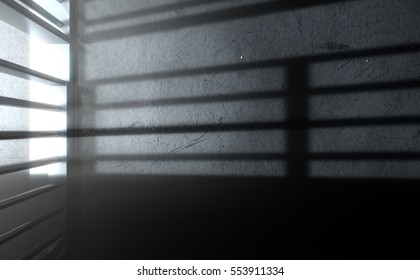 A 3D Render Of A Closeup Of View Of A Jail Cells Iron Bars With An Open Door Casting Shadows On The Prison Floor With Copy Space