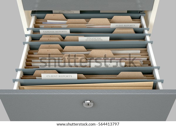 A 3D render closeup\
view of an open filing cabinet drawer revealing income tax related\
documents inside