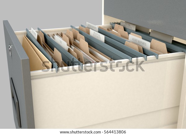 A 3D render closeup
view of an open filing cabinet drawer revealing income tax related
documents inside