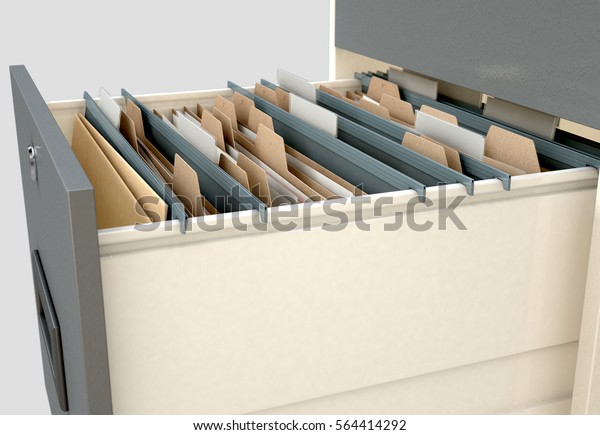 A 3D render closeup view of an\
open filing cabinet drawer revealing generic documents\
inside