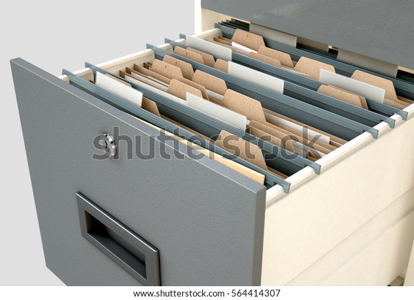 A 3D render closeup view of an
open filing cabinet drawer revealing generic documents
inside
