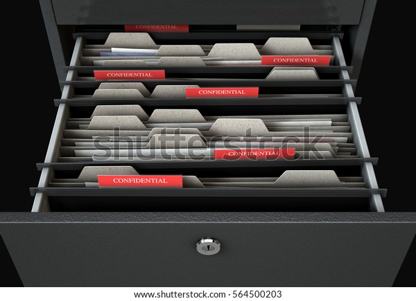 A 3D render closeup\
view of an open filing cabinet drawer revealing confidential\
related documents\
inside