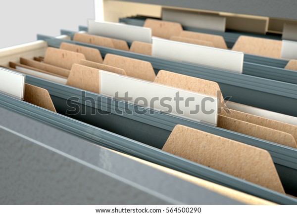 A 3D render closeup view of an\
open filing cabinet drawer revealing generic documents\
inside