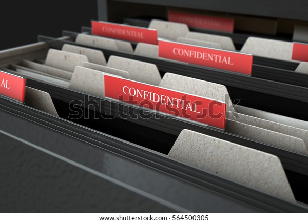 A 3D render closeup\
view of an open filing cabinet drawer revealing confidential\
related documents\
inside