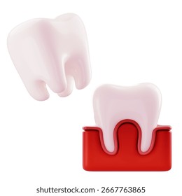 3D Render Close-up of white tooth figures atop a red base, suitable for dental marketing and educational content.