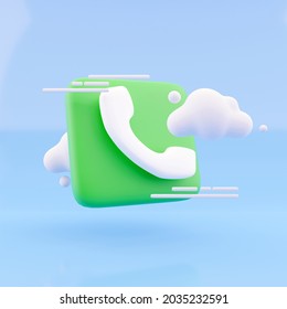 3d Render Cloud And Call Phone On Blue Background. Illustration Call Center Icon And Cloud 3d Render