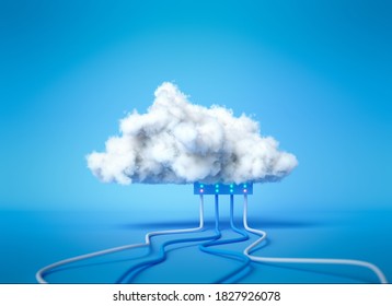 3D Render Cloud Computing Service, Cloud Data Storage Technology Hosting Concept. White Cloud With Cables On Blue Background. 3d Illustration.